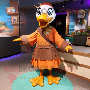 Rust Geese mascot costume character dressed with a Maxi Skirt and Foot pads