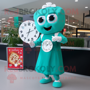 Teal Pizza mascot costume character dressed with a Maxi Skirt and Smartwatches