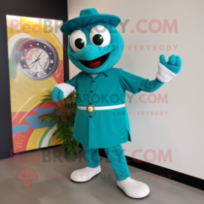 Teal Pizza mascot costume character dressed with a Maxi Skirt and Smartwatches