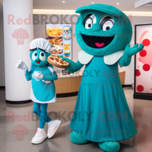 Teal Pizza mascot costume character dressed with a Maxi Skirt and Smartwatches