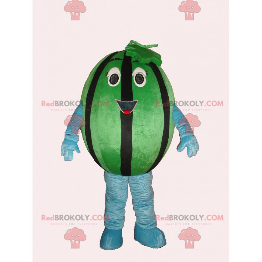 Mascote gigante e sorridente de melancia verde e preta -
