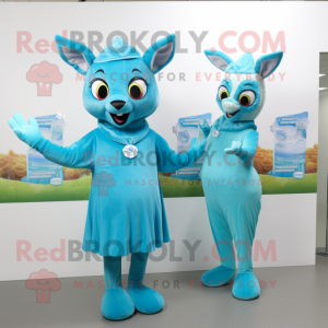 Cyan Roe Deer mascot costume character dressed with a Wrap Dress and Caps