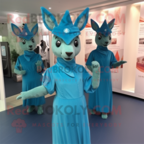 Cyan Roe Deer mascot costume character dressed with a Wrap Dress and Caps