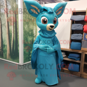 Cyan Roe Deer mascot costume character dressed with a Wrap Dress and Caps