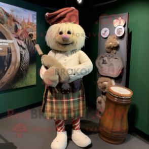 Cream Bagpipe mascot costume character dressed with a Corduroy Pants and Cummerbunds