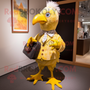 Yellow Guinea Fowl mascot costume character dressed with a Corduroy Pants and Hairpins