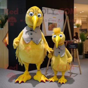 Yellow Guinea Fowl mascot costume character dressed with a Corduroy Pants and Hairpins