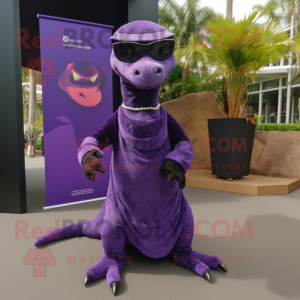 Purple Komodo Dragon mascot costume character dressed with a Wrap Dress and Sunglasses