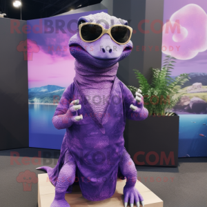 Purple Komodo Dragon mascot costume character dressed with a Wrap Dress and Sunglasses