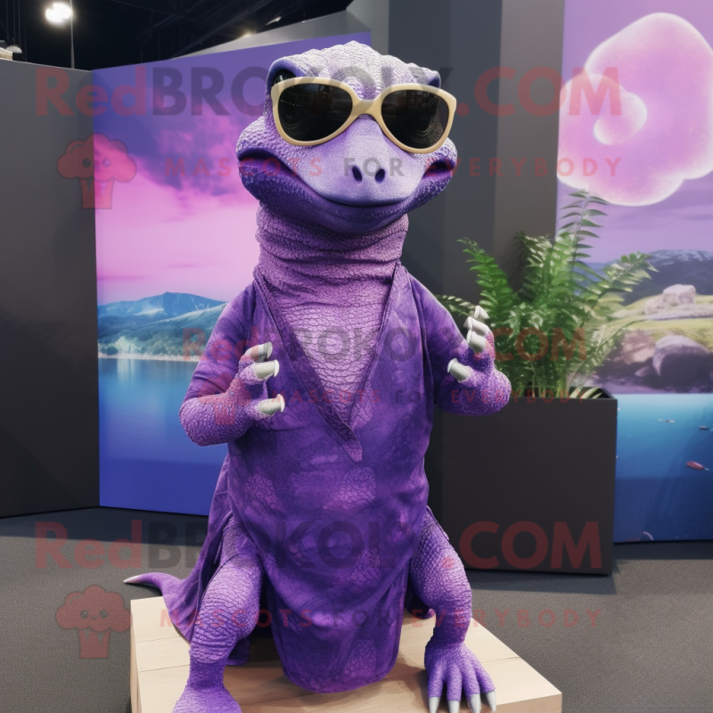 Purple Komodo Dragon mascot costume character dressed with a Wrap Dress and Sunglasses