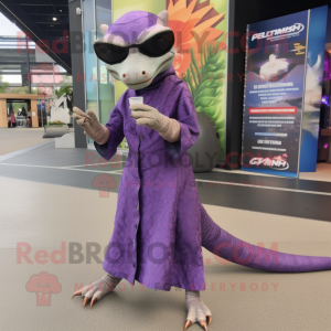 Purple Komodo Dragon mascot costume character dressed with a Wrap Dress and Sunglasses