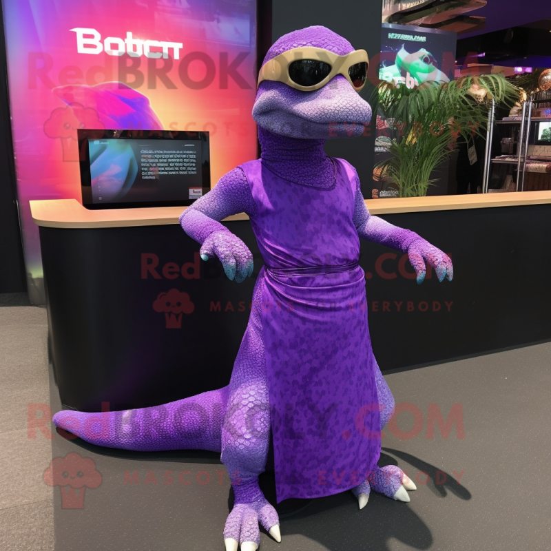 Purple Komodo Dragon mascot costume character dressed with a Wrap Dress and Sunglasses Purple Komodo Dragon mascot costume character dressed with a Wrap Dress and Sunglasses
