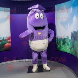 Purple Beef Wellington mascot costume character dressed with a Skinny Jeans and Belts