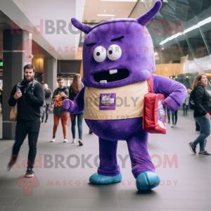 Purple Beef Wellington mascot costume character dressed with a Skinny Jeans and Belts