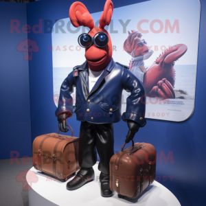 Navy Lobster Bisque mascot costume character dressed with a Moto Jacket and Briefcases