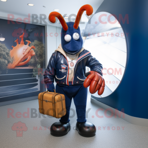 Navy Lobster Bisque mascot costume character dressed with a Moto Jacket and Briefcases