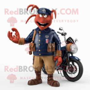 Navy Lobster Bisque mascot costume character dressed with a Moto Jacket and Briefcases