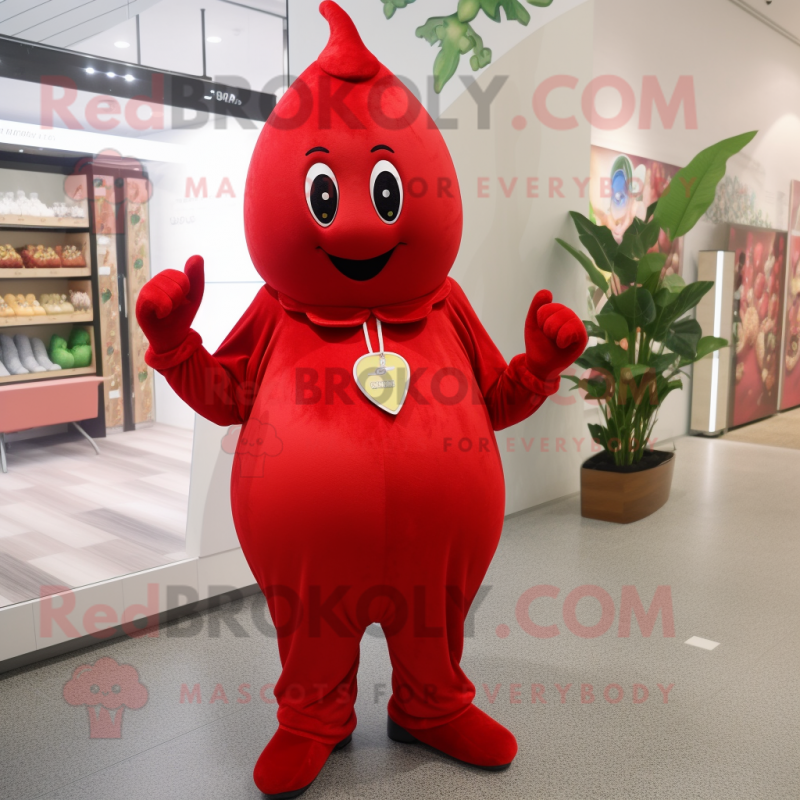 Red Pear mascot costume character dressed with a Jumpsuit and Bracelet watches