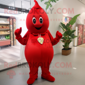 Red Pear mascot costume character dressed with a Jumpsuit and Bracelet watches