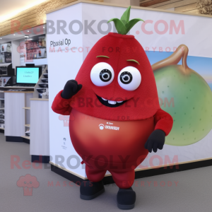 Red Pear mascot costume character dressed with a Jumpsuit and Bracelet watches