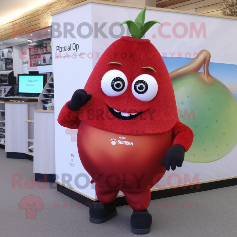 Red Pear mascot costume character dressed with a Jumpsuit and Bracelet watches Red Pear mascot costume character dressed with a Jumpsuit and Bracelet watches
