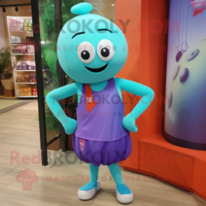 Turquoise Plum mascot costume character dressed with a Tank Top and Headbands