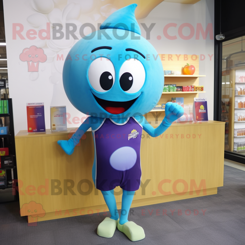 Turquoise Plum mascot costume character dressed with a Tank Top and Headbands