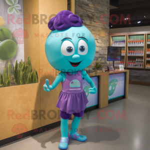 Turquoise Plum mascot costume character dressed with a Tank Top and Headbands