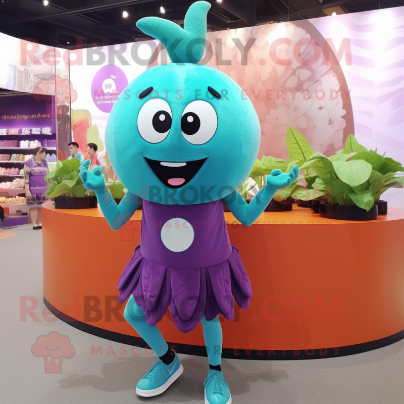 Turquoise Plum mascot costume character dressed with a Tank Top and Headbands Turquoise Plum mascot costume character dressed with a Tank Top and Headbands