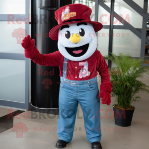 Maroon Fire Eater mascot costume character dressed with a Denim Shirt and Ties