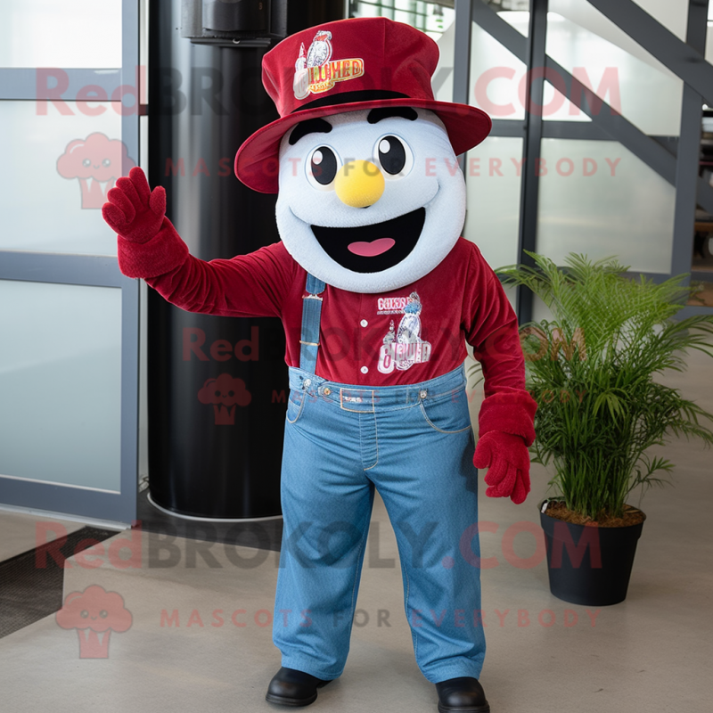Maroon Fire Eater mascot costume character dressed with a Denim Shirt and Ties Maroon Fire Eater mascot costume character dressed with a Denim Shirt and Ties