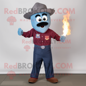 Maroon Fire Eater mascot costume character dressed with a Denim Shirt and Ties