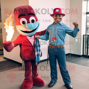 Maroon Fire Eater mascot costume character dressed with a Denim Shirt and Ties