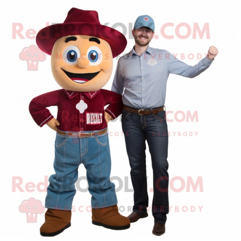Maroon Fire Eater mascot costume character dressed with a Denim Shirt and Ties Maroon Fire Eater mascot costume character dressed with a Denim Shirt and Ties