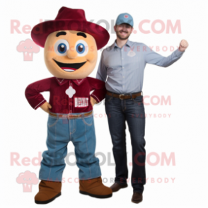 Maroon Fire Eater mascot costume character dressed with a Denim Shirt and Ties