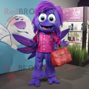 Purple Betta Fish mascot costume character dressed with a Bootcut Jeans and Handbags