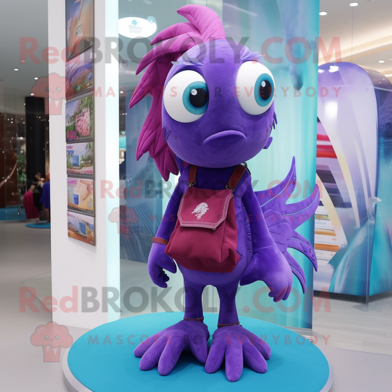 Purple Betta Fish mascot costume character dressed with a Bootcut Jeans and Handbags