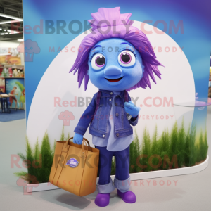 Purple Betta Fish mascot costume character dressed with a Bootcut Jeans and Handbags