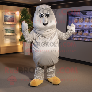 Silver Potato mascot costume character dressed with a Henley Tee and Bracelets