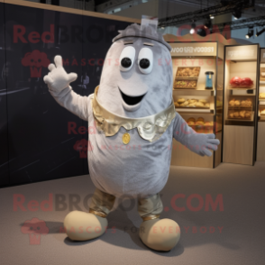 Silver Potato mascot costume character dressed with a Henley Tee and Bracelets