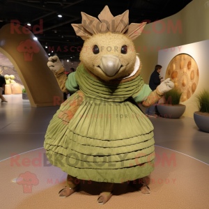 Olive Armadillo mascot costume character dressed with a Pleated Skirt and Belts