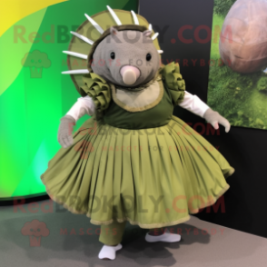 Olive Armadillo mascot costume character dressed with a Pleated Skirt and Belts