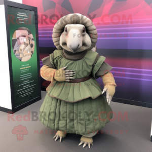 Olive Armadillo mascot costume character dressed with a Pleated Skirt and Belts