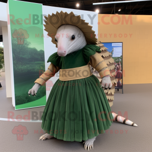 Olive Armadillo mascot costume character dressed with a Pleated Skirt and Belts