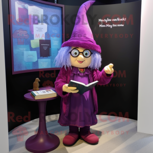 Magenta Witch mascot costume character dressed with a Henley Tee and Reading glasses