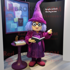 Magenta Witch mascot costume character dressed with a Henley Tee and Reading glasses