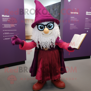 Magenta Witch mascot costume character dressed with a Henley Tee and Reading glasses