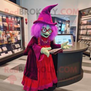 Magenta Witch mascot costume character dressed with a Henley Tee and Reading glasses