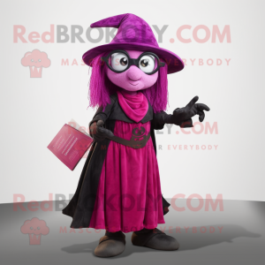 Magenta Witch mascot costume character dressed with a Henley Tee and Reading glasses
