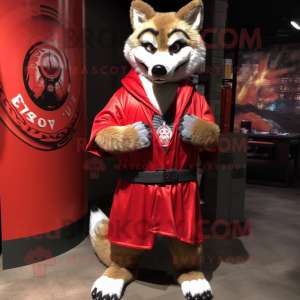 Red Wolf mascot costume character dressed with a Wrap Dress and Cummerbunds
